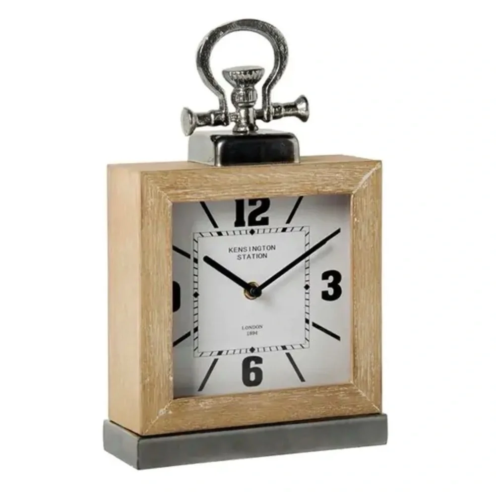 Rustic Industrial Square Table Clock Silver Metal Accents Antique Farmhouse